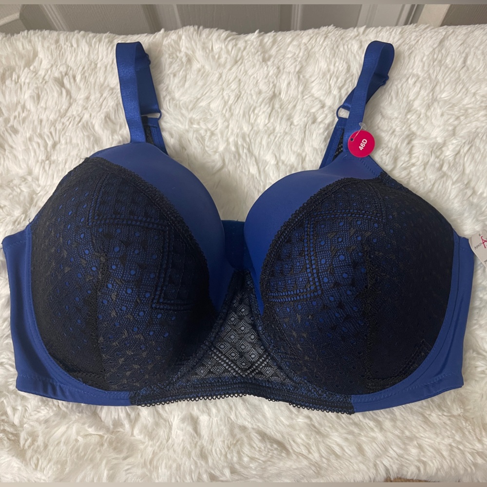 NWT Ashley Stewart Sodalite Blue & Black Lace Full Coverage T-Shirt Bra 46D